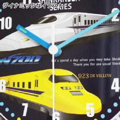 新幹線クロック、歴代の新幹線のイラスト、列車が走りアナウンスします